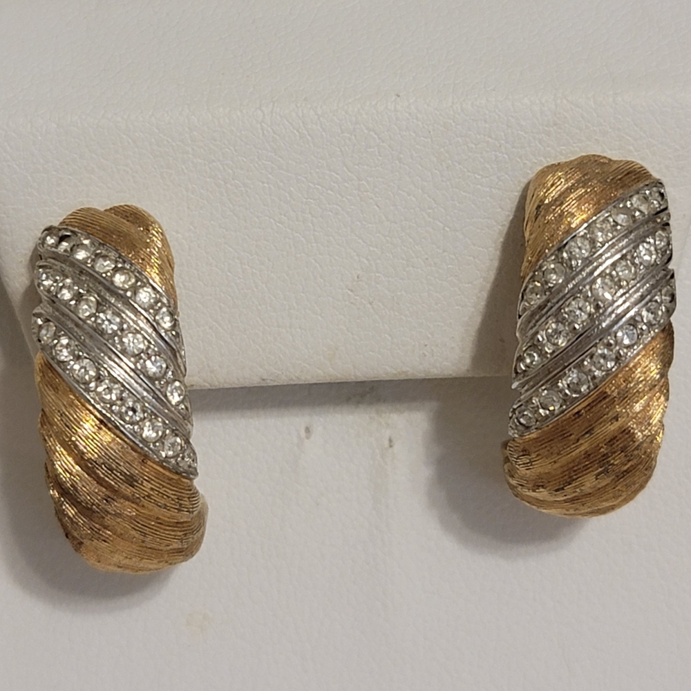 Vintage Christian Dior Chr Dior Rhinestone Textured Half Hoop Pierced Earrings